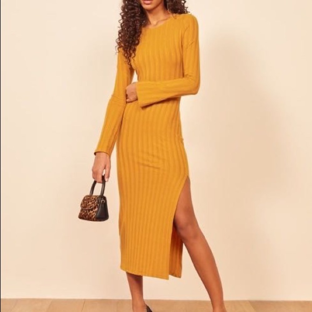 Reformation Dillon Ribbed Midi Dress XS in Deep Yellow